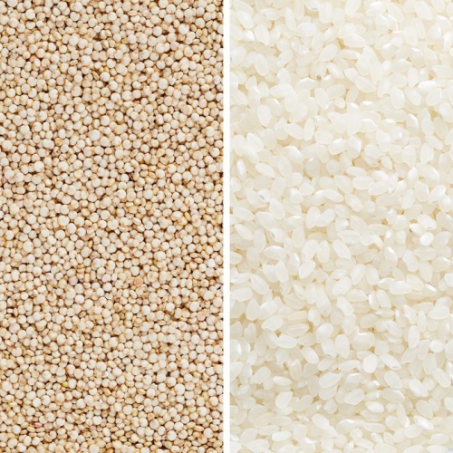 Collage met twee afbeeldingen. Aan de linker kant een foto van quinoa en aan de rechterkant een foto van rijst.
